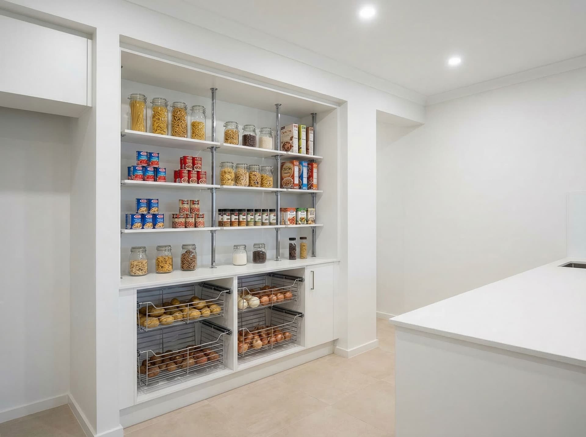 Essential pantry with open white shelving and wire baskets