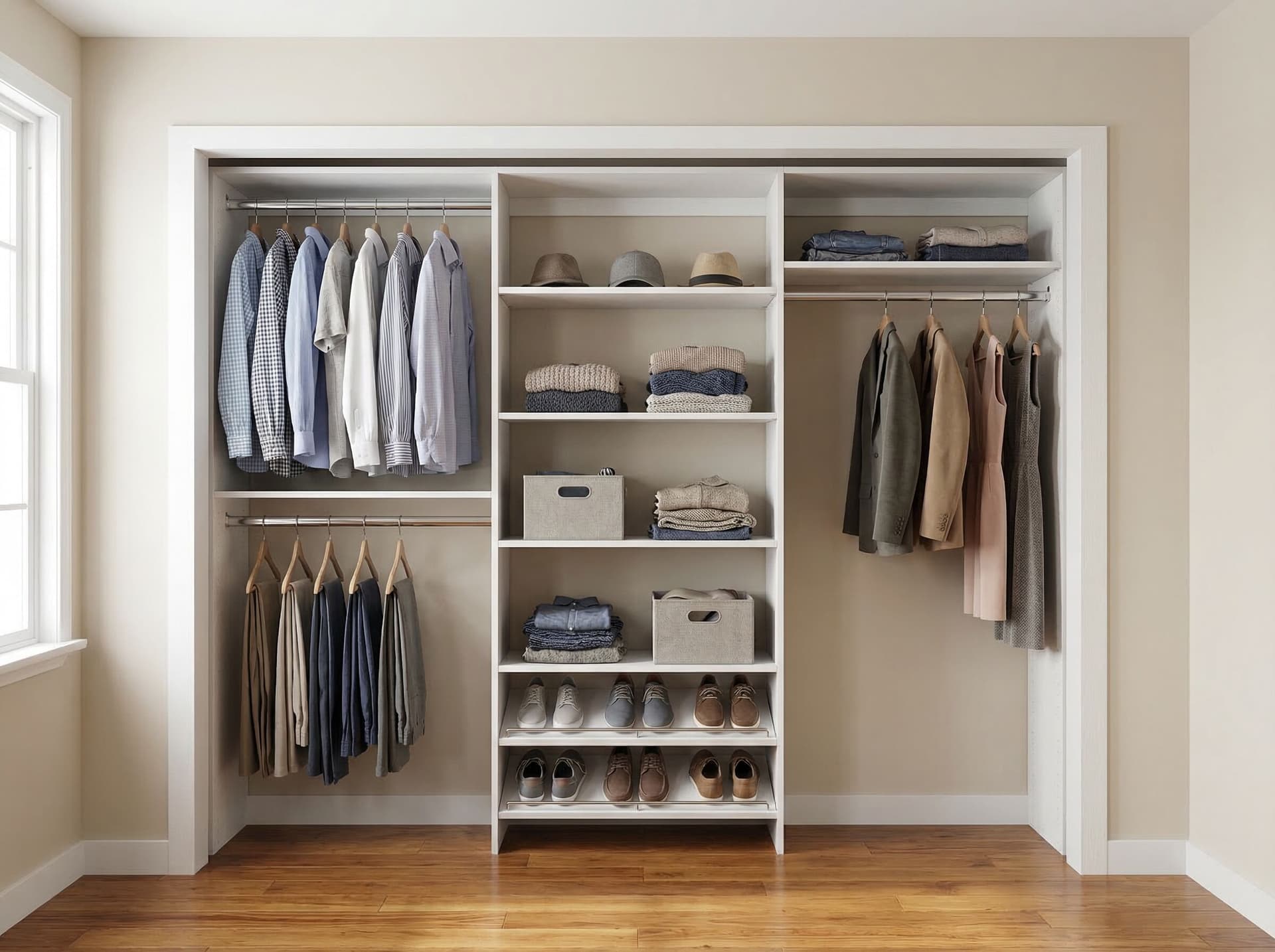 Essential reach-in closet with open shelving and double-hang rods