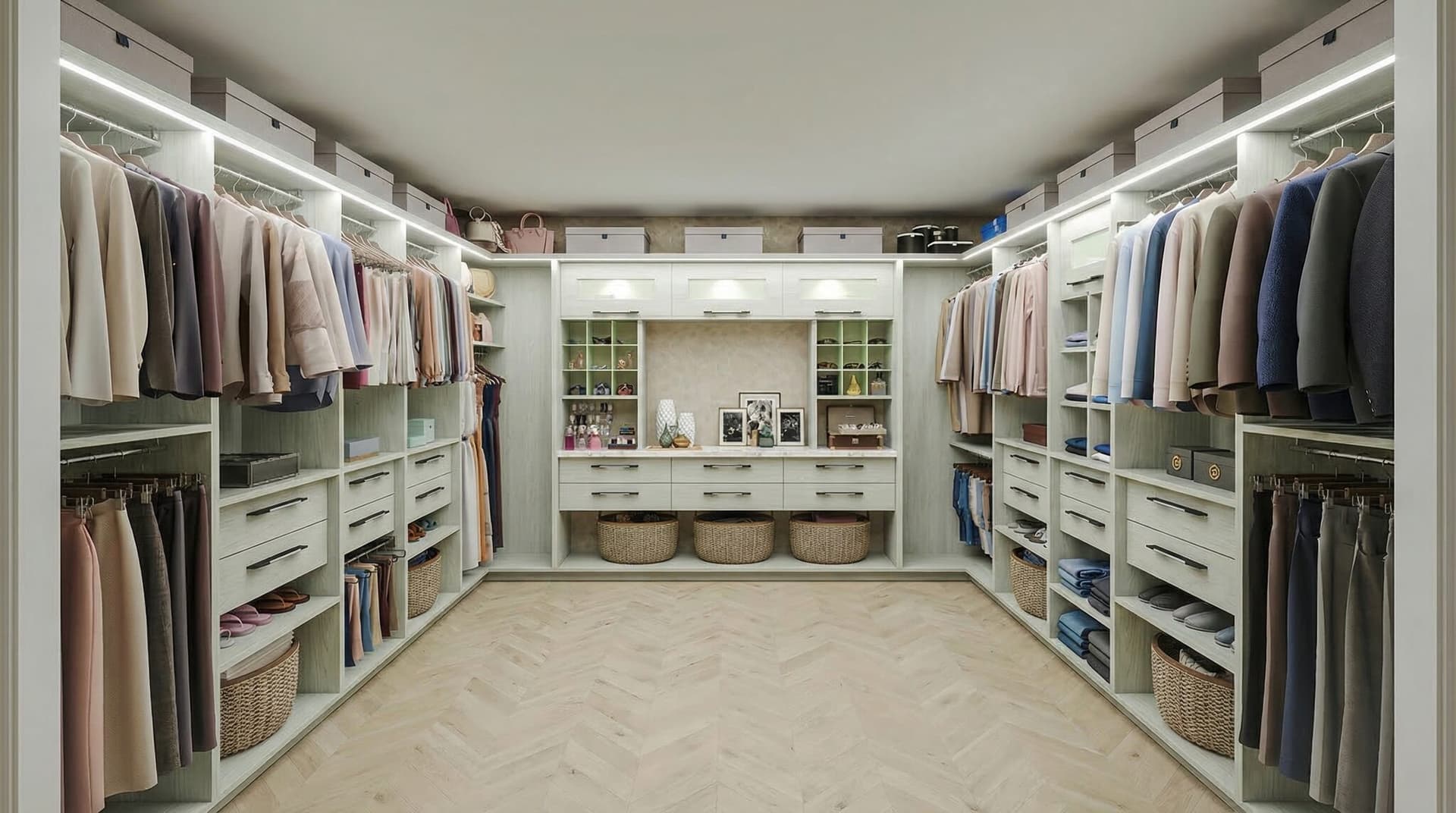 Modern grey walk-in closet with integrated LED lighting