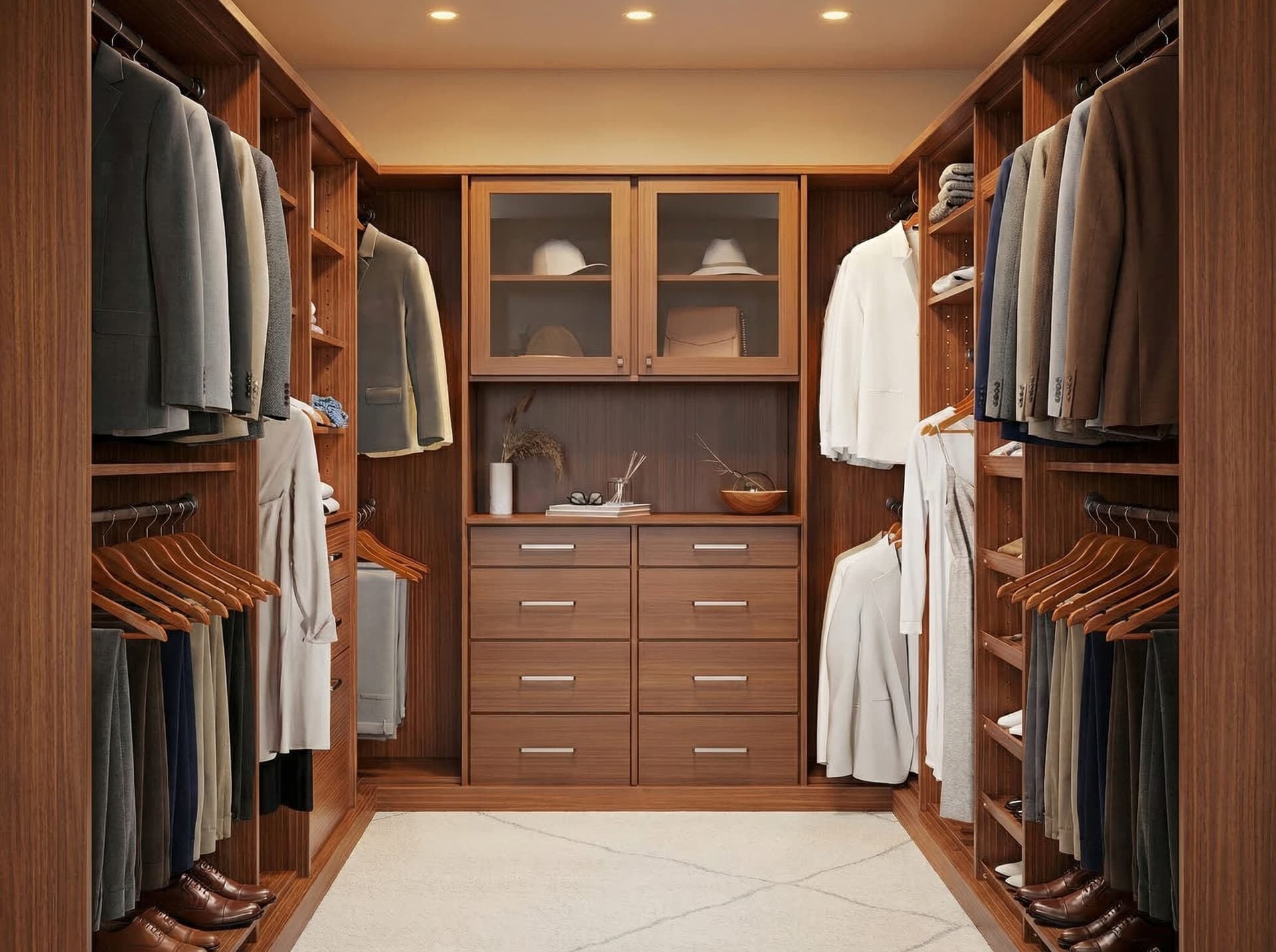 Warm wood gentleman's walk-in closet